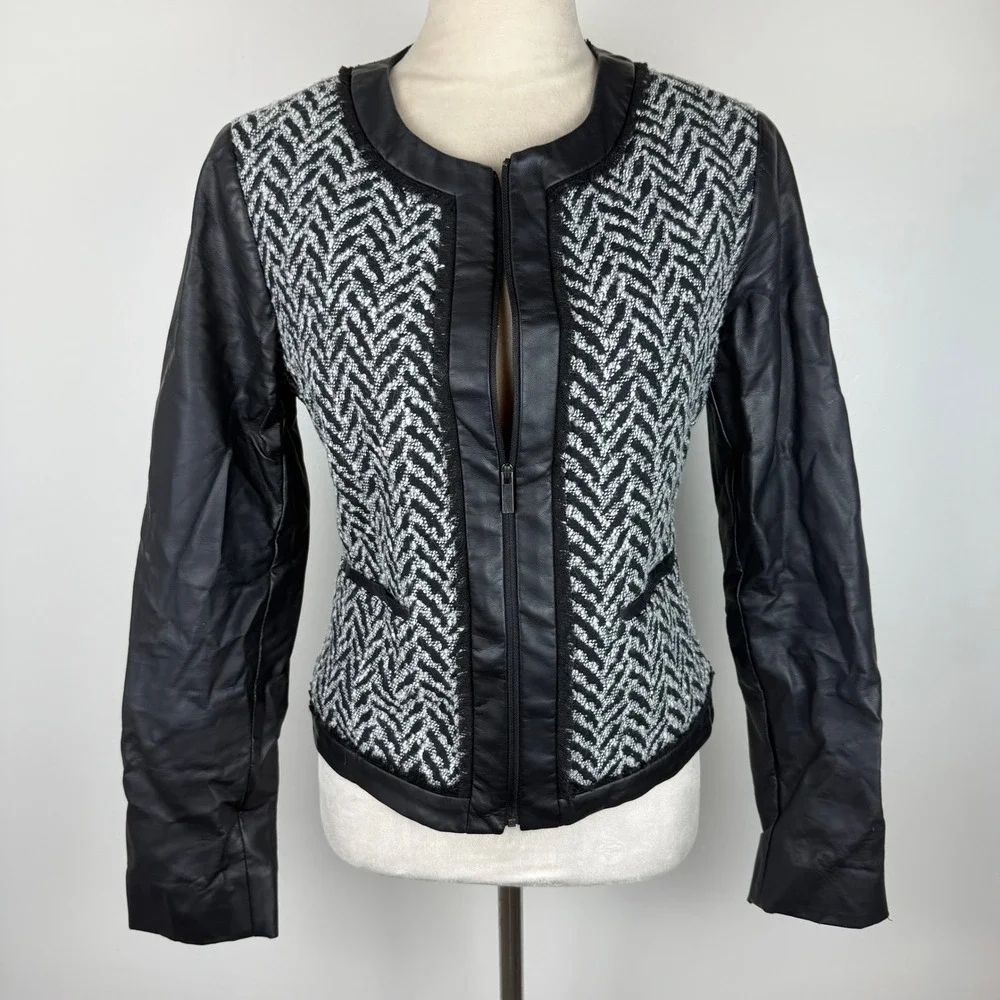 Mossimo Womens Black White Herringbone Tweed Faux Leather Zip Lined Jacket Sz M‎